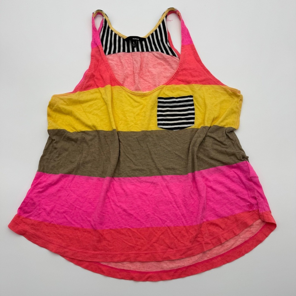 Hurley Womens Colorblock Striped Racerback Tank Top‎ Pink Yellow Large